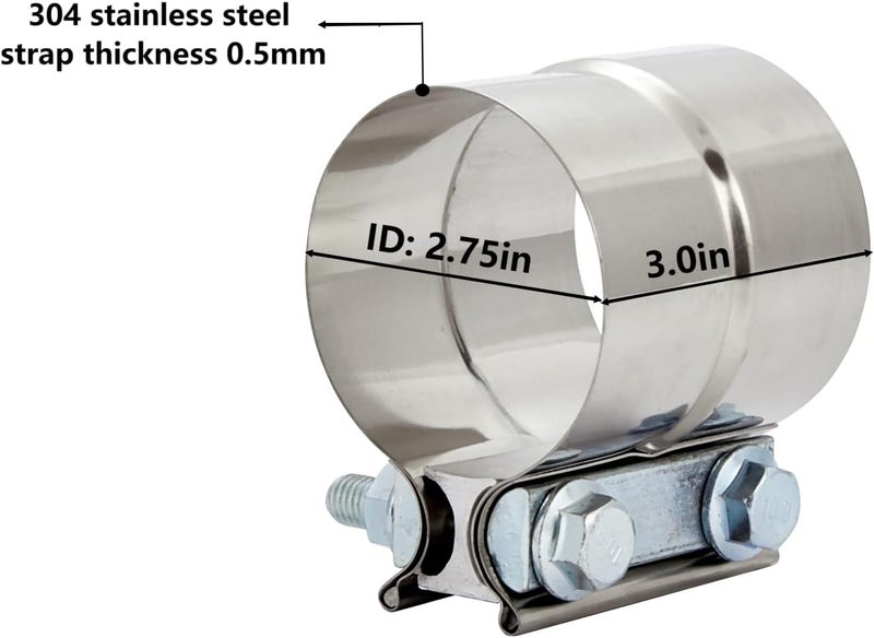 Floshine 2PCS Lap Joint Band Clamps,Exhaust Muffler Clamp, Exhaust Pipe Clamps preformed Stainless Steel (2.75") - Image 2
